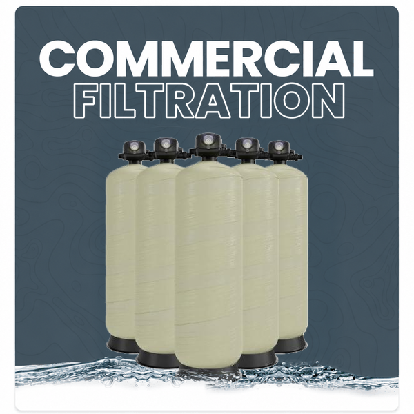 Group of five commercial filtration tanks with control valves