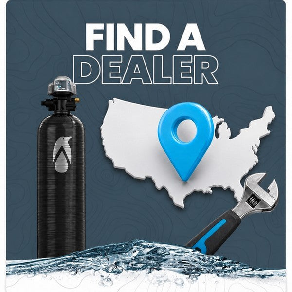 Penguin DROP water softener beside a map of the United States with a location pin and a wrench