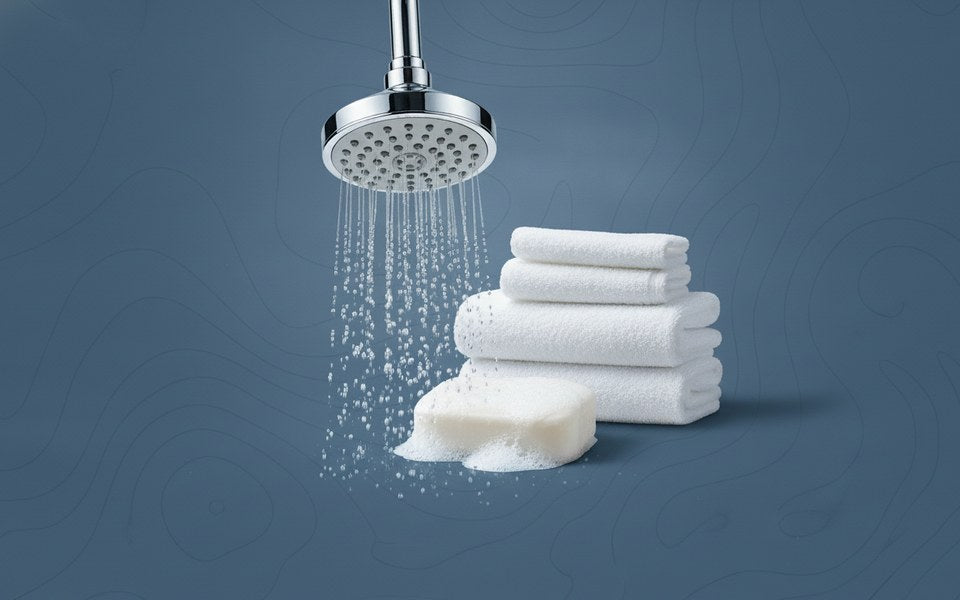 Chrome rain shower head running clean water over a stack of folded white hotel towels and a lathering bar of soap