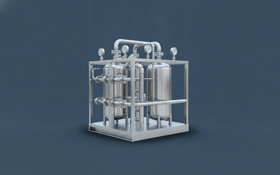 Skid-mounted stainless steel industrial water treatment unit with pressure gauges and process piping