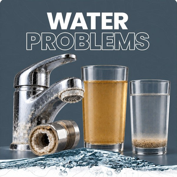 Limescale-crusted faucet and aerator beside a glass of iron-stained water and a glass of sediment-laden water